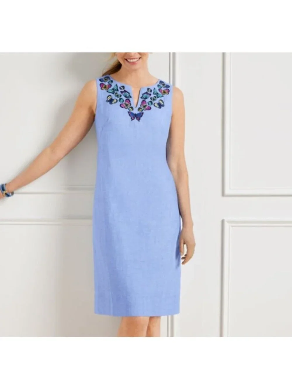 Talbots Embroidered Embroidered Butterfly Linen Shift Dress Blue Knee Length 12 - Picture 1 of 11